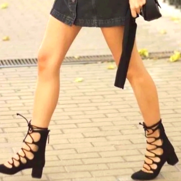 Ladies ZARA  BLACK LACE UP HEELED SHOES SANDALS KNEE HIGH 36/UK-/US 6 - Picture 1 of 13